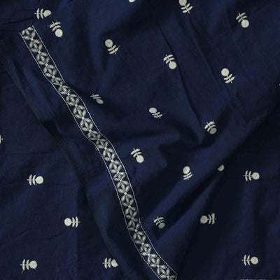 Pure Cotton Handloom Navy Blue With Flower Motif   Emboriderey Hand Woven Fabric