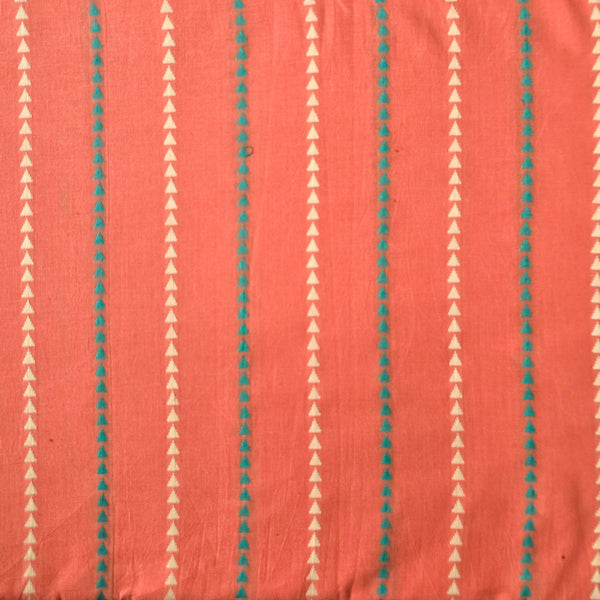 Pure Cotton Handloom Peach Orange With Teal Green Cream Triangle Stripes Motifs