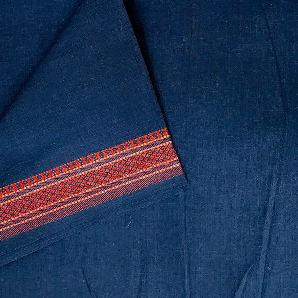 ( Pre-Cut 1.20 Meter ) Pure Cotton Handloom Plain Dark Blue With Red Border Hand Woven Fabric