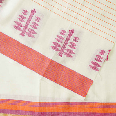 Pure Cotton Handloom Plain White With Pink Stripes And Border Flower Motif  Hand Woven Fabric