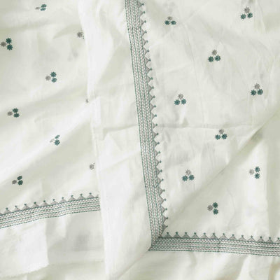 Pure Cotton Handloom White And Dark Green And Grey   Emboriderey Hand Woven Fabric