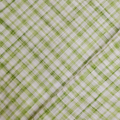 Pure Cotton Handloom White With Green Small Checks Hand Woven Fabric