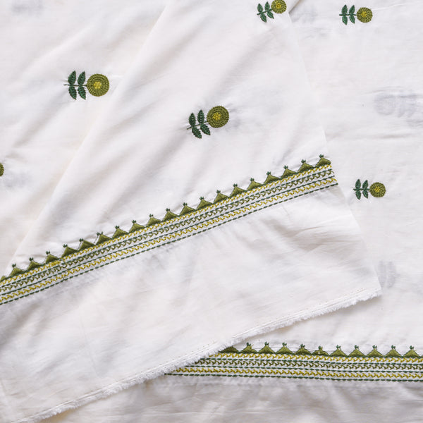 ( Pre-Cut 1.60 Meter )  ( Width 45 Inches ) Pure Cotton Handloom White With Green With Light Green Flowers Motif Embroidery Hand Woven Fabric