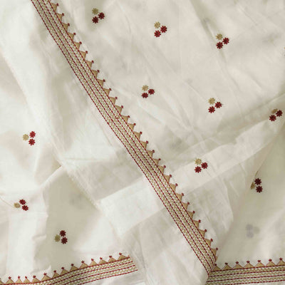 Pure Cotton Handloom White With Maroon And Cream  Emboriderey Hand Woven Fabric