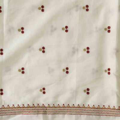 Pure Cotton Handloom White With Maroon And Cream  Emboriderey Hand Woven Fabric
