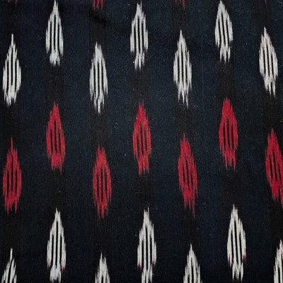 ( Pre-Cut 0.80 Meter ) Pure Cotton Ikkat Black With White And Red Spots Hand Woven Fabric
