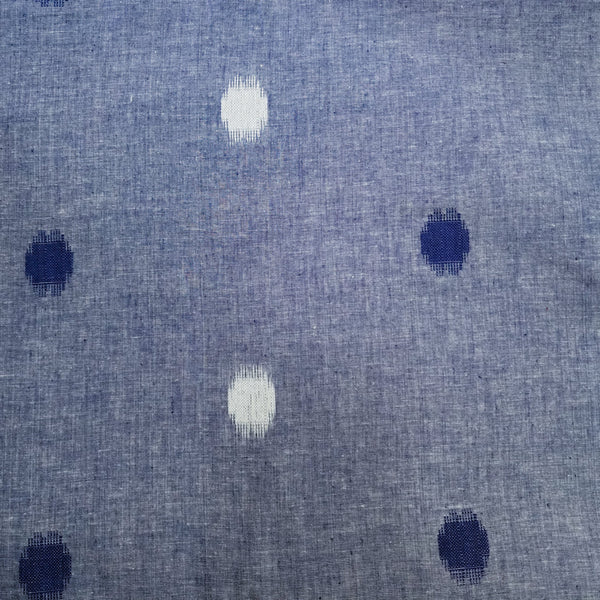 ( Pre-Cut 1.60 Meter ) Pure Cotton Ikkat Blue With Dark Blue And White Dots Hand Woven Fabric