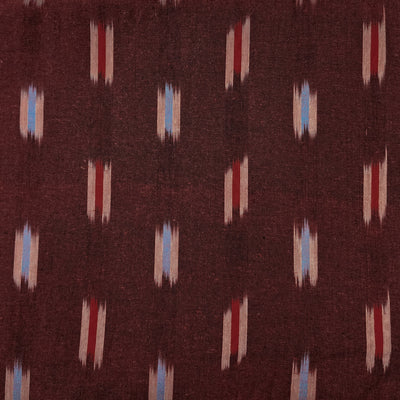 Pure Cotton Ikkat Dark Brown With Red And Blue Inbetween Stripes Hand Woven Fabric