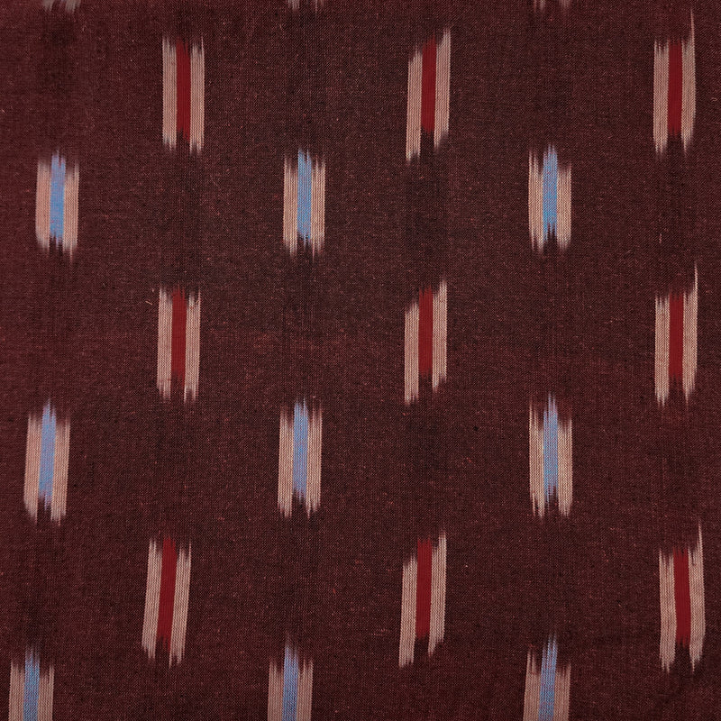Pure Cotton Ikkat Dark Brown With Red And Blue Inbetween Stripes Hand Woven Fabric