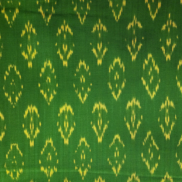 Pure Cotton  Ikkat Green With Mustard Motif Hand Woven Fabric