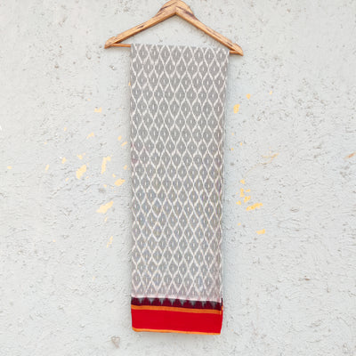 Pure Cotton Ikkat White With Grey And Red And Mustard Border Hand Woven Fabric