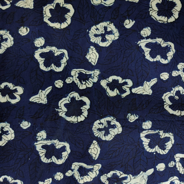 ( Pre-Cut 1.90 Meter ) Pure Cotton Indigo Black Self Design With Wild Flower Hand Block Print Fabric