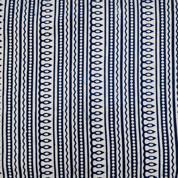 (Pre-cut 0.90 cm ) Pure Cotton Indigo Border Stripes Hand Block Printed Fabric