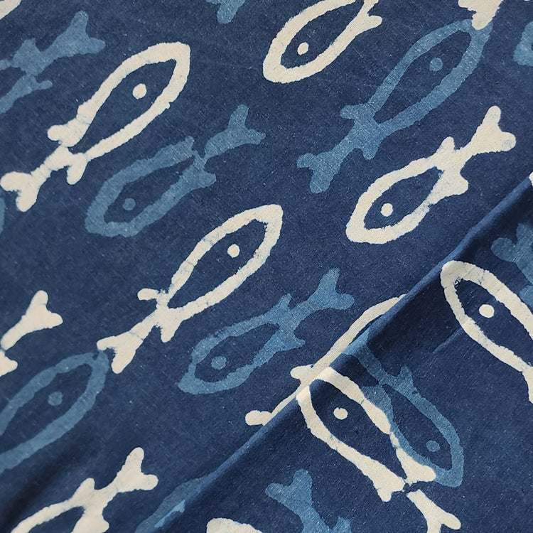 Pure Cotton Indigo Fish Motif Hand Block Print Fabric – Sanskruti