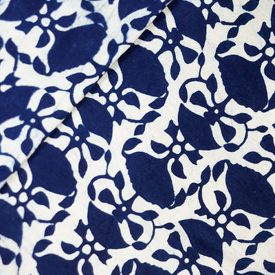 ( Pre-Cut 1.75 Meter ) Pure Cotton Indigo Flower Creeper Hand Block Print Fabric
