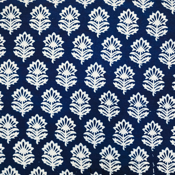 ( Pre-Cut 1.65 Meter ) Pure Cotton Indigo Flowers Motifs Hand Block Print Fabric