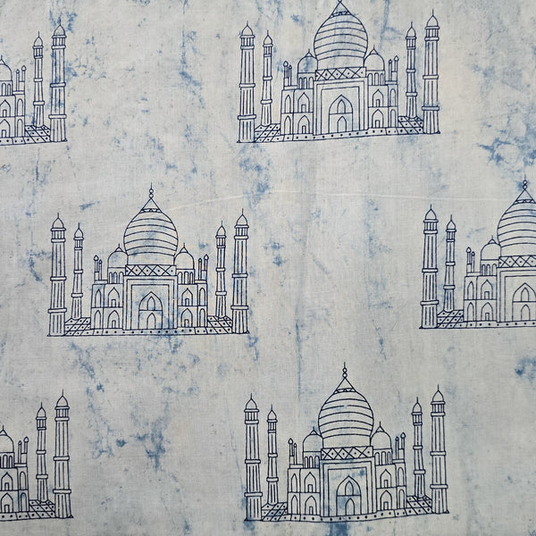 Pure Cotton  Indigo Grey With Blue Taj Mahal Hand Block Print Fabric