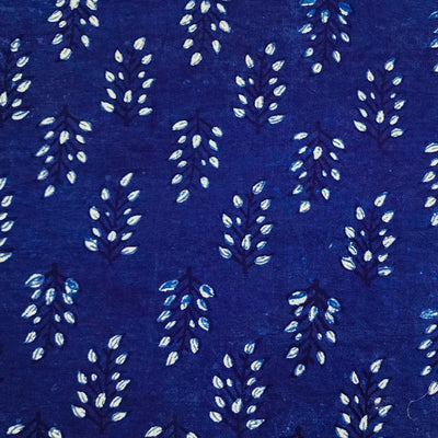 ( Pre-Cut 1.15 Meter ) Pure Cotton Indigo Leaves Motif Hand Block Print Fabric