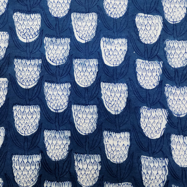 ( Pre-Cut 1.50 Meter ) Pure Cotton Indigo Rose Flower Motif Hand Block Print Fabric