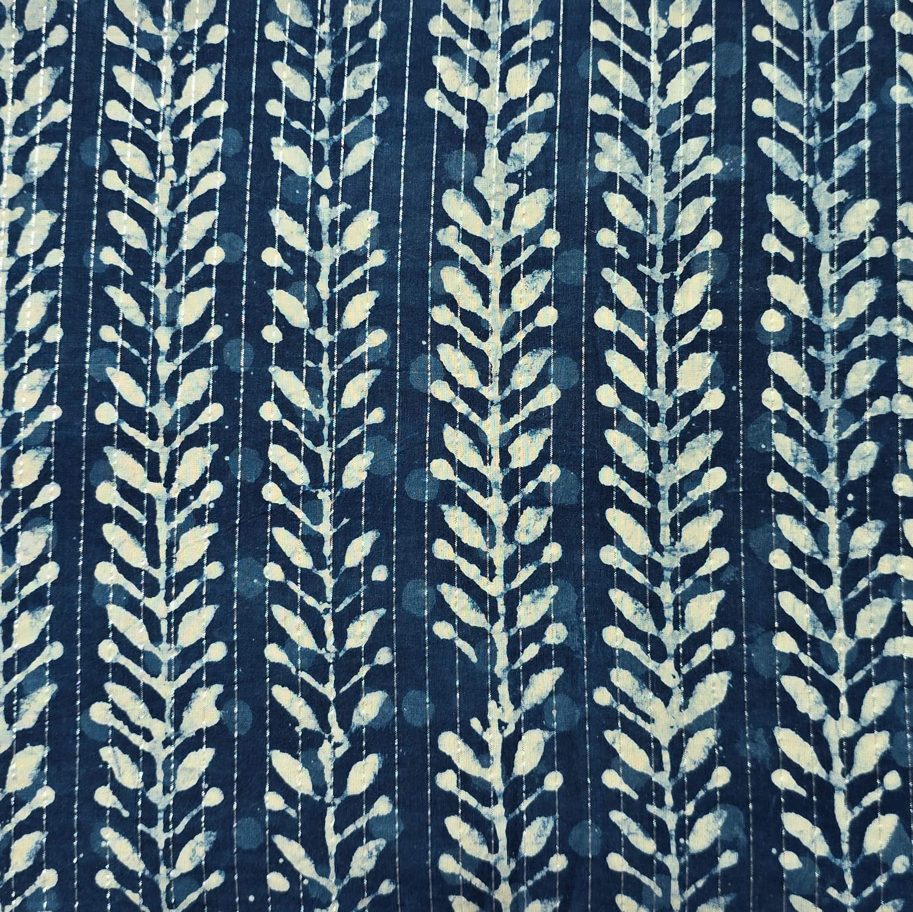 Pure Cotton Indigo Self Design And White Leaves Creeper Hand Block Pri ...
