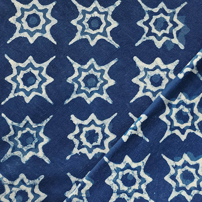 Pure Cotton Indigo Star Flower Motif Hand Block Print Fabric