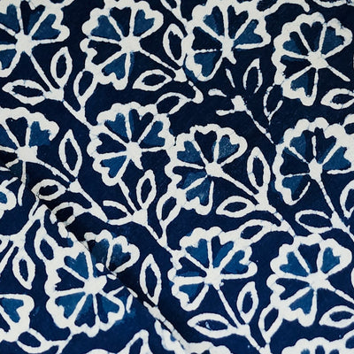 ( Pre-Cut 1.35 Meter ) Pure Cotton Indigo White Flower Jaal Hand Block Print Fabric