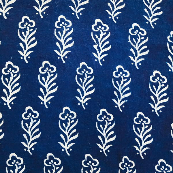 ( Pre-Cut 1 Meter ) Pure Cotton Indigo White Flower Motifs Hand Block Print Fabric