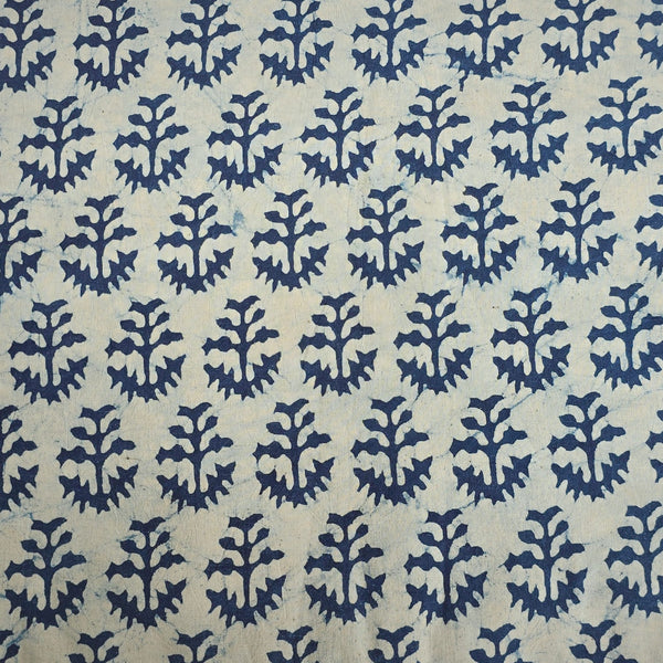 (PRE-CUT 1.45 METER) Pure Cotton Indigo White With Blue Flower Plant Motif Hand Block Print Fabric
