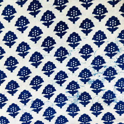 Pre-Cut 1.40 Meter Pure Cotton Indigo White With Blue Flowers Motifs Hand Block Print Fabric
