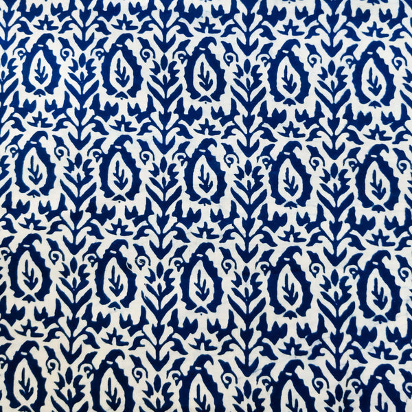 ( Pre-Cut 1.45 Meter )Pure Cotton Indigo White With Blue Kairi Intricate Design Hand Block Print Fabric