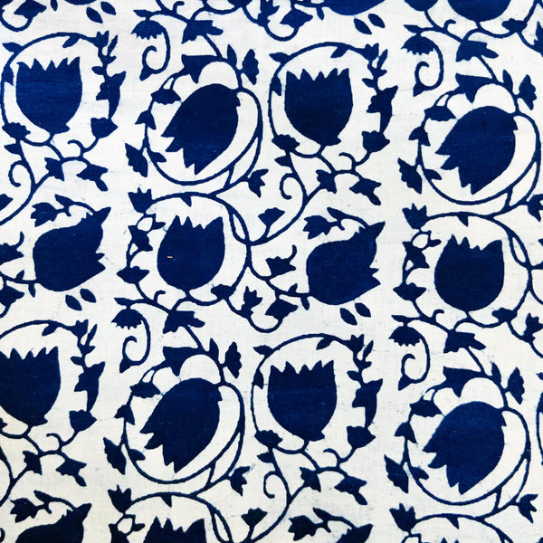(Pre-Cut 1.35 Meter) Pure Cotton Indigo White With Blue Lotus Jaal Hand Block Print Fabric
