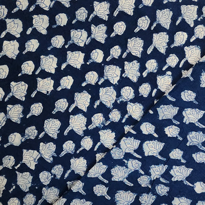 Pure Cotton Indigo With Daisy White Small Flower Motif Hand Block Print Fabric