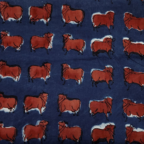 PRE-CUT 2 METER Pure Cotton Indigo With Rust Red Moo Hand Block Print Fabric