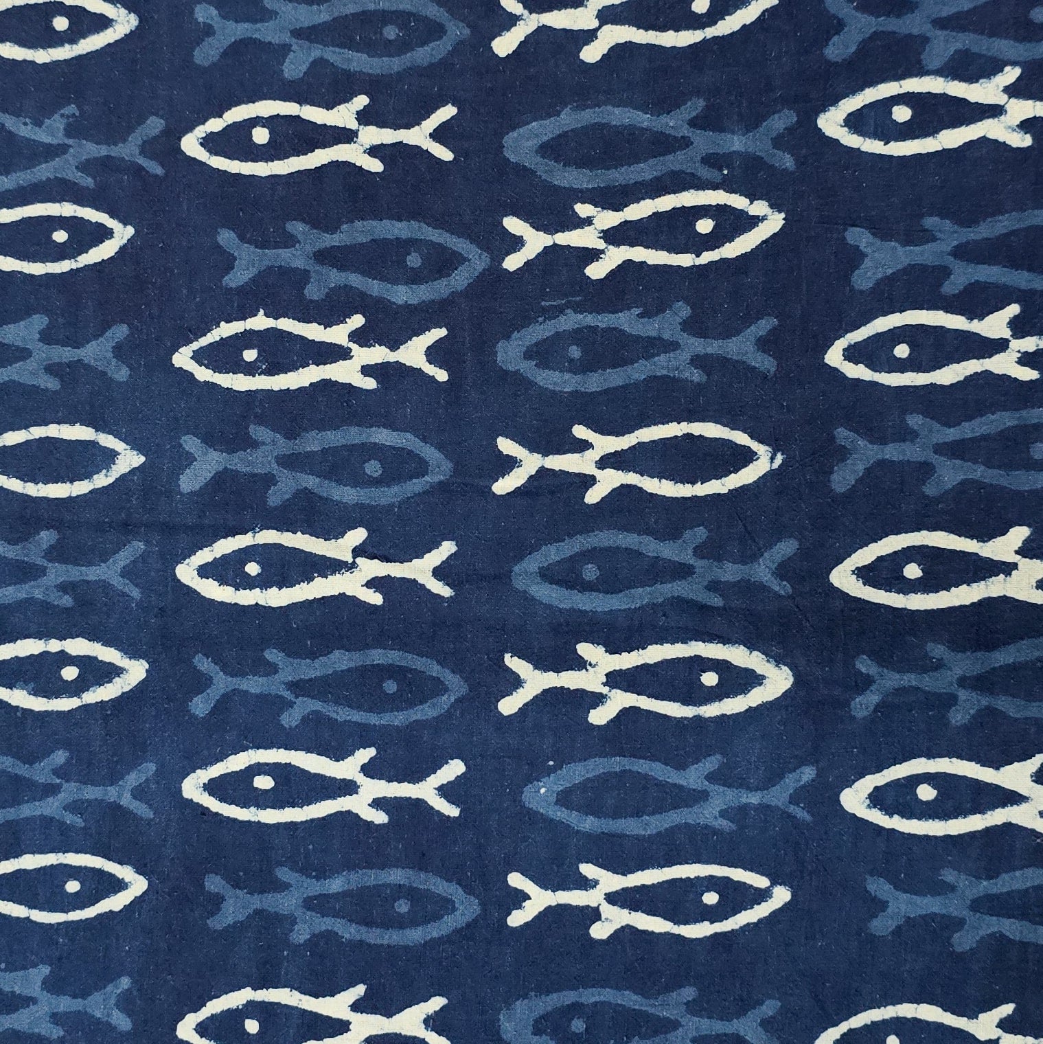 Pure Cotton Indigo With White And Blue Fishes Hand Block Print Fabric ...
