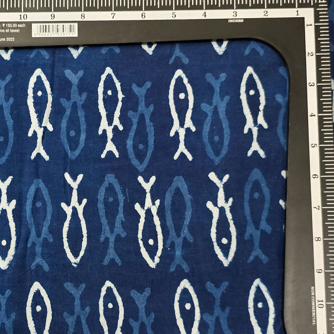 Pure Cotton Indigo With White And Blue Fishes Hand Block Print Fabric ...