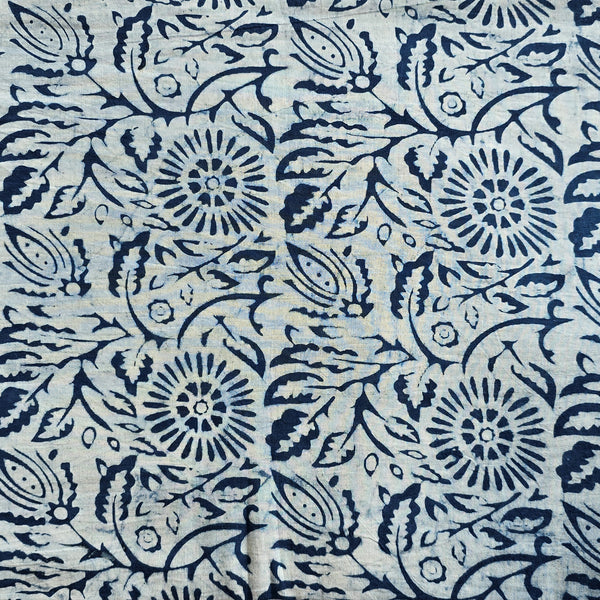 (PRE-CUT 1.45 METER)Pure Cotton Indigo With White  Flower Jaal Hand Block Print Fabric
