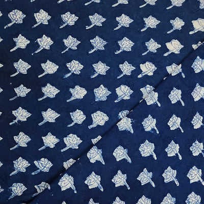 Pure Cotton Indigo With White Small Flower Motif Hand Block Print Fabric
