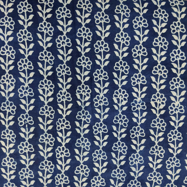 Pre-cut 1 meter Pure Cotton Inigo With Floral Stripes Hand Block Print Fabric