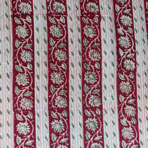 PRE-CUT 1.60 METER Pure Cotton JAipuri White With Maroon Border Stripes Hand Block Print Fabric
