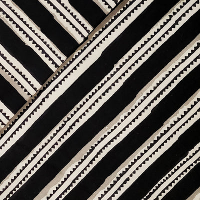 Pre Cut 0.95 m Pure Cotton Jahota Black With Cream Border Hand Block Print Fabric