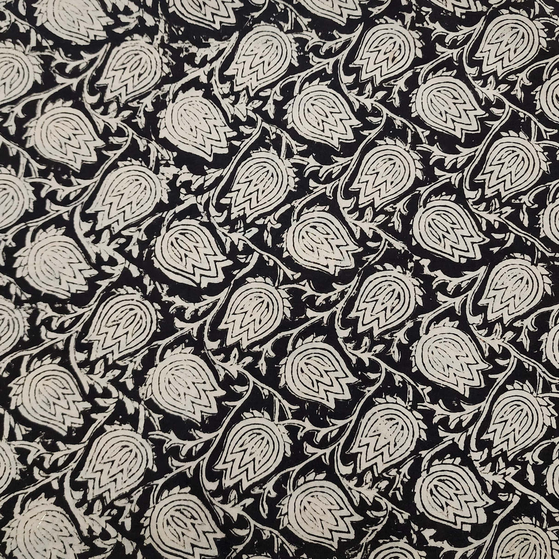 ( Pre-Cut 1 Meter )Pure Cotton Jahota Black With Lotus Bud Jaal Hand B ...