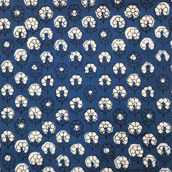 Pure Cotton Jahota Blue With Black And Cream Flower Motifs Hand Block Print Fabric