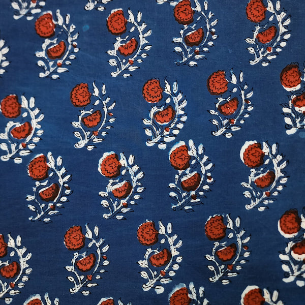 Pure Cotton Jahota Blue With Rust Flower Motifs Hand Block Print Fabric