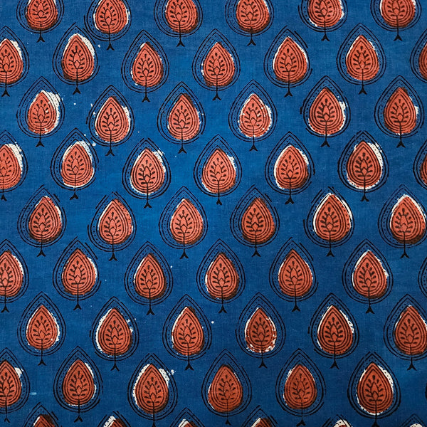 Pure Cotton Jahota Blue With Rust Leafs Motif Hand Block Print Fabric