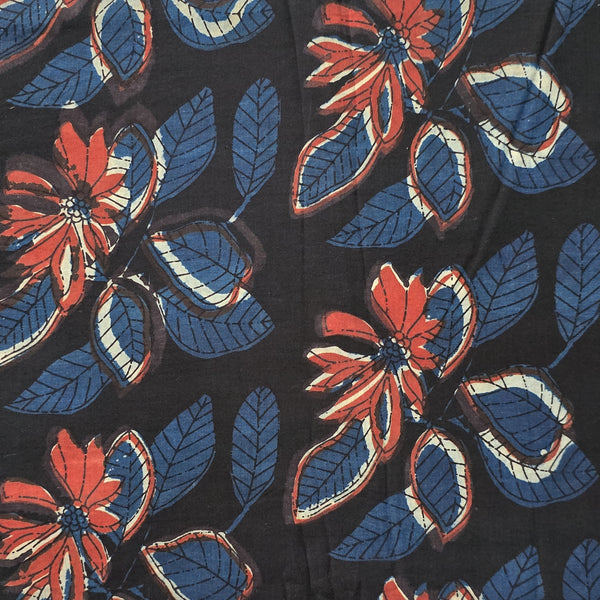 Pure Cotton Jahota Dark Black With Blue And Rust Flower Lotus Hand Block Print Fabric