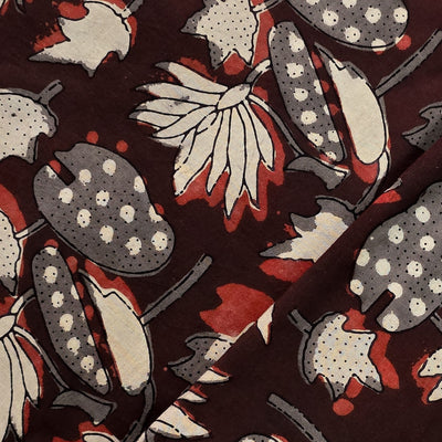 Pure Cotton Jahota Dark Brown With Grey Pond Flower Hand Block Print Fabric