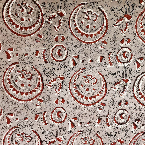 Pure Cotton Jahota Grey With Rust Flower Jaal Hand Block Print Fabric