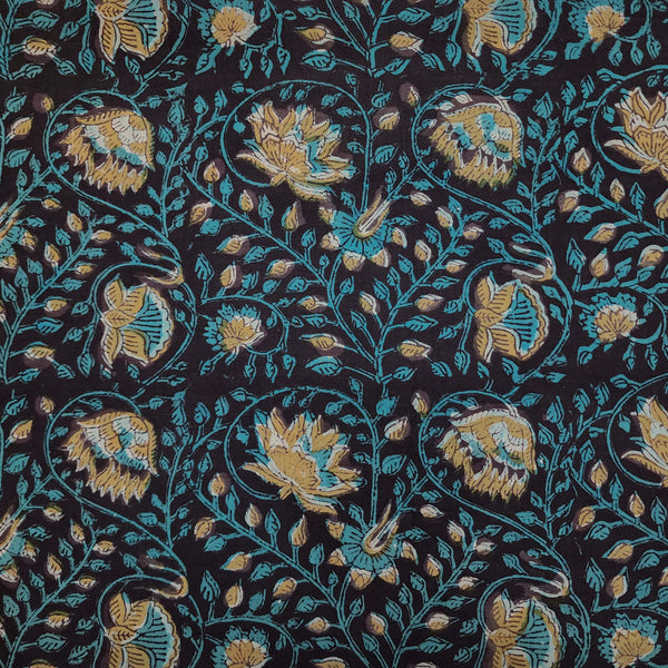 Pre-cut 1.75 meter Pure Cotton Jahota With Light Blue And Mustard Brown Tealish Jaal Flower Hand Block Print Fabric
