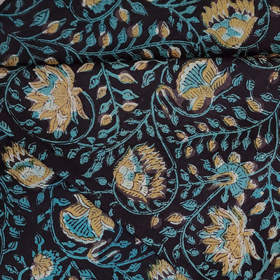 ( Blouse 0.80 Meter ) Pure Cotton Jahota With Light Blue And Mustard Brown Tealish Jaal Flower Hand Block Print Fabric