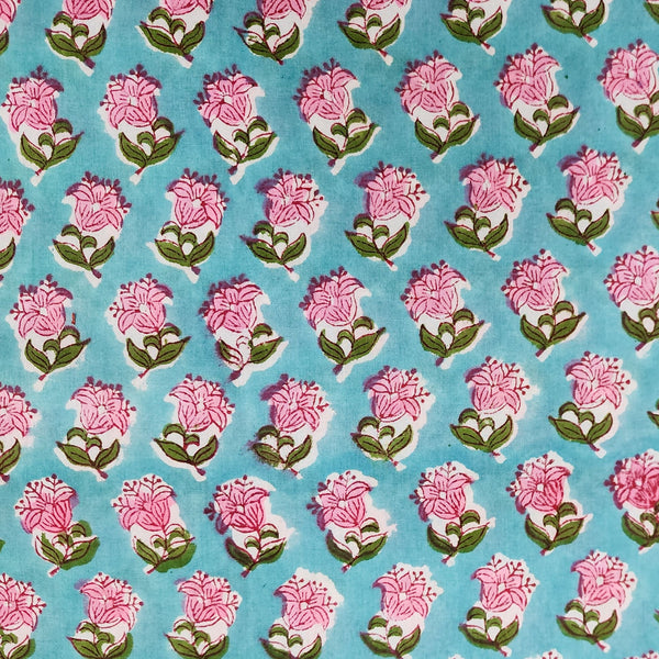 ( Pre-Cut 1.75 Meter ) Pure Cotton Jaipuri Baby Blue With Pink Flower Buds Hand Block Print Fabric